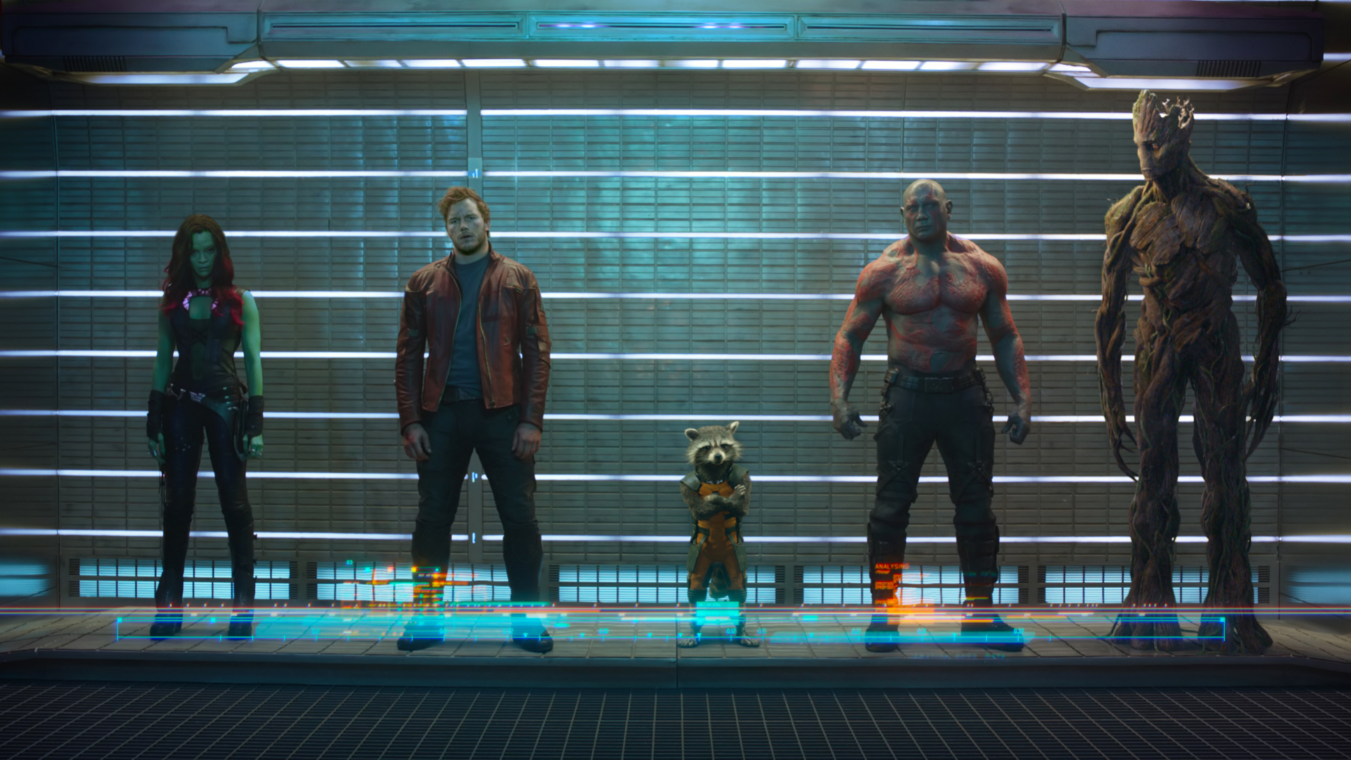 Marvel's Guardians Of The GalaxyL to R: Gamora (Zoe Saldana), Peter Quill/Star-Lord (Chris Pratt), Rocket Raccoon (voiced by Bradley Cooper), Drax The Destroyer (Dave Bautista) and Groot (voiced by Vin Diesel)Ph: Film FrameÂ©Marvel 2014