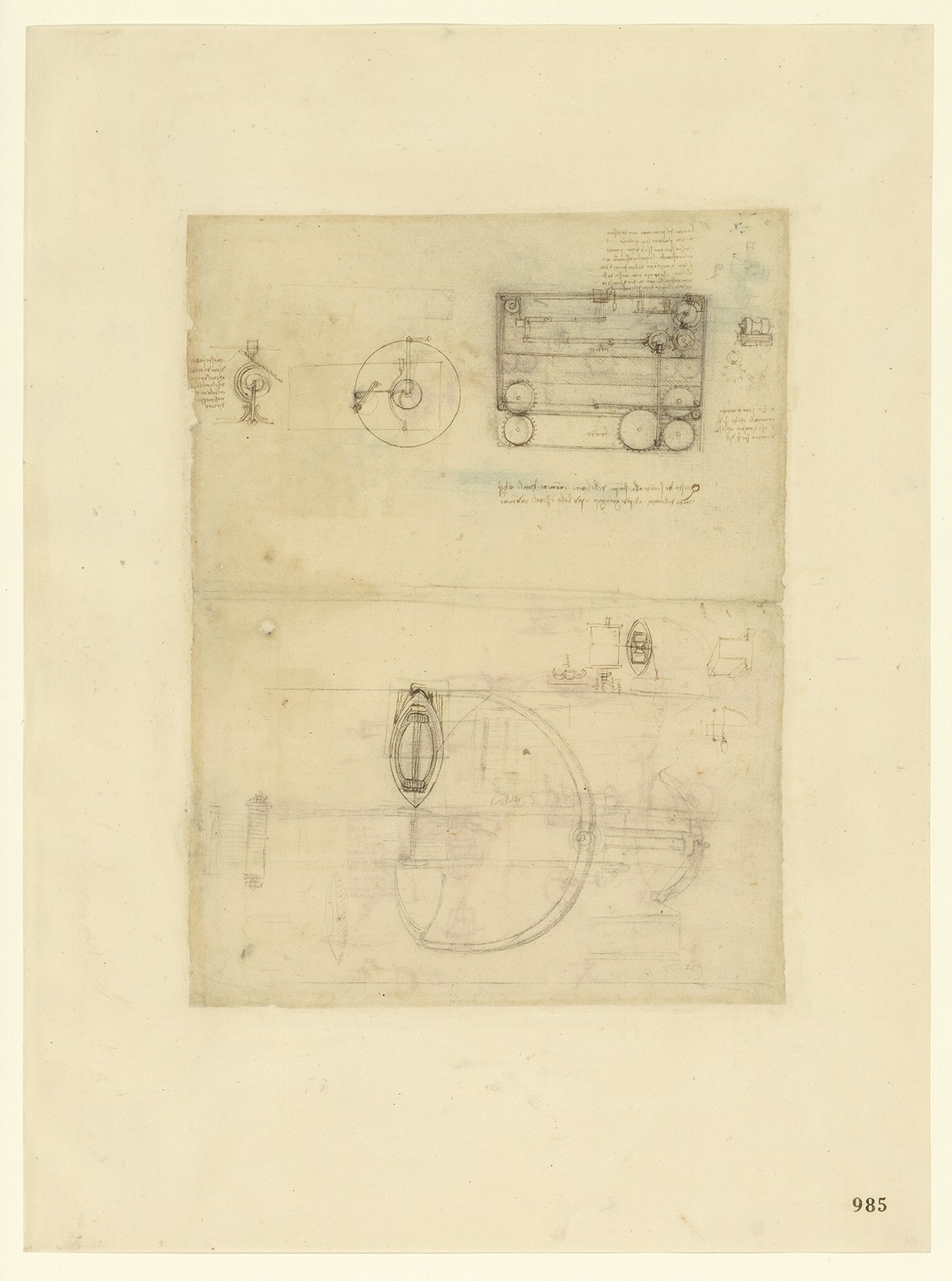 Leonardo da Vinci (1452-1519), Codice Atlantico (Codex Atlanticus), foglio 985 recto. Sistemi d'aggancio e sgancio automatico; disegno di non facile identificazione (probabilmente una barca); in alto, macchine per la tessitura.