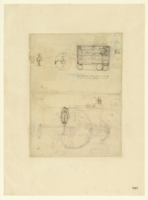 Leonardo da Vinci (1452-1519), Codice Atlantico (Codex Atlanticus), foglio 985 recto. Sistemi d'aggancio e sgancio automatico; disegno di non facile identificazione (probabilmente una barca); in alto, macchine per la tessitura.