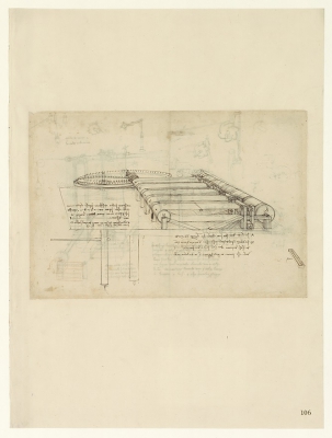 Leonardo da Vinci (1452-1519), Codice Atlantico (Codex Atlanticus), foglio 106 recto. Garzatrice per fabbricare tessuti felpati.