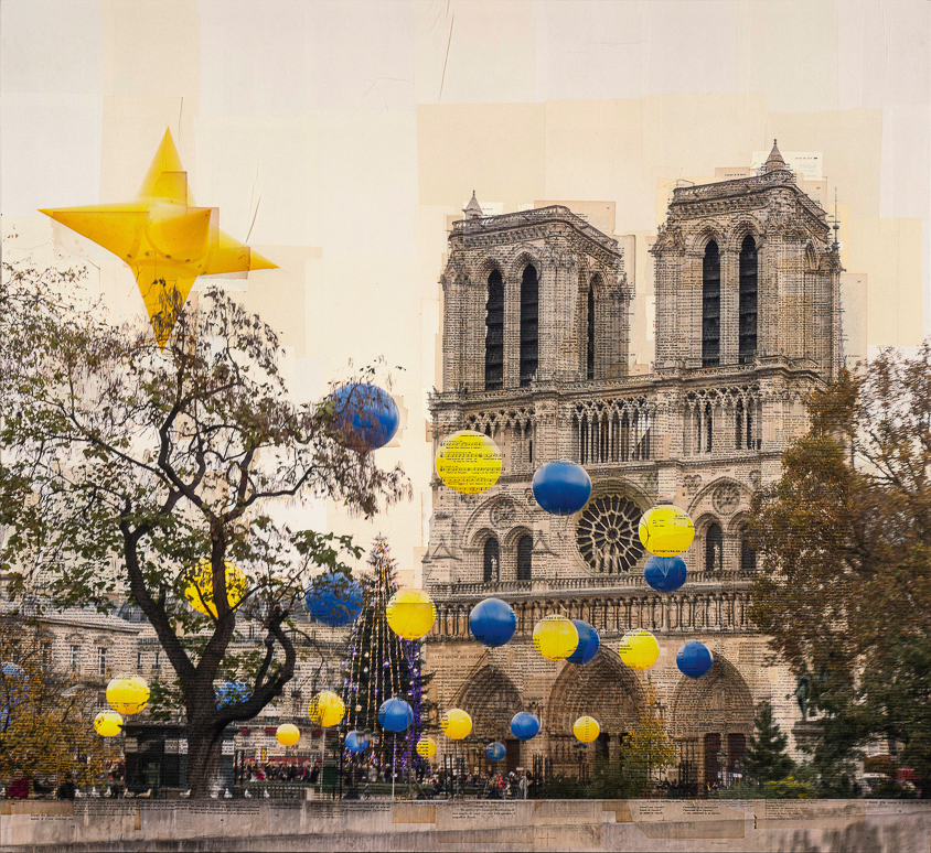 “Parigi, L’isola di stelle” stampa fotografica su collage di pagine di libri d’epoca 110x120 cm 2015
