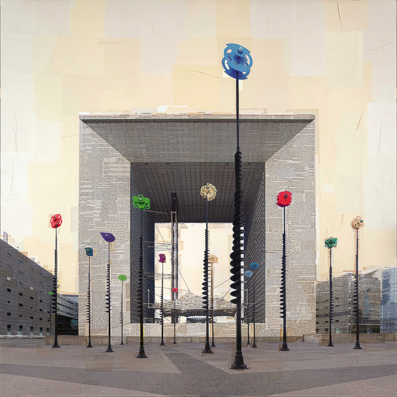“Parigi, La Boîte à Joujoux” stampa fotografica su collage di pagine di libri d’epoca 130x130 cm 2015