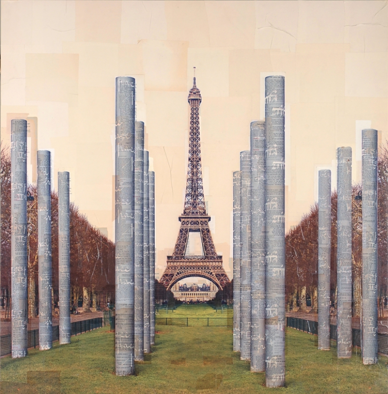 “Parigi, Paralleli alla Pace” stampa fotografica su collage di pagine di libri d’epoca 120x120 cm 2015