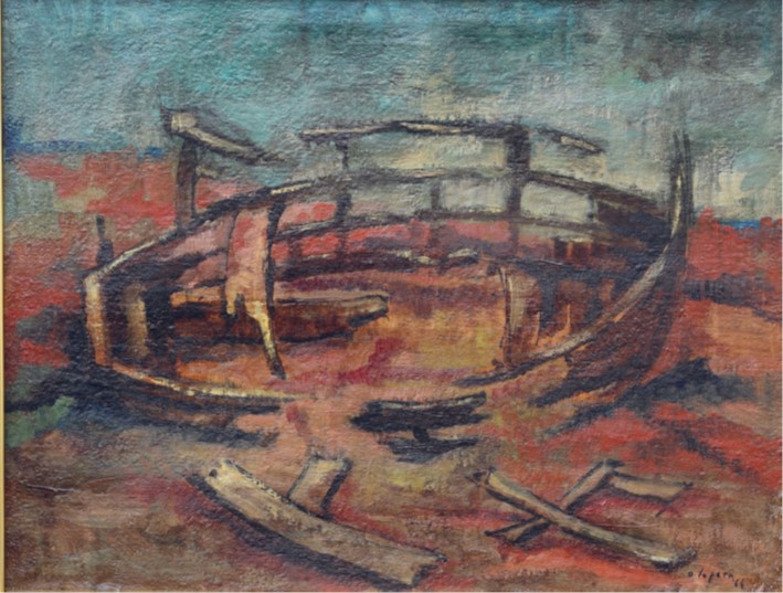 Ovidio La Pera 1964 Relitti di barche 65x50 olio su tela