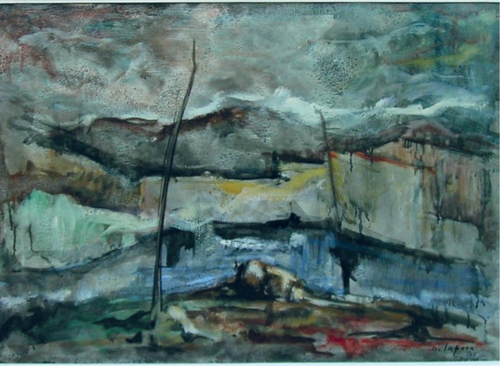 Ovidio La Pera 1965 Paesaggio sull'Arno, 50x70 olio e tempera su tela